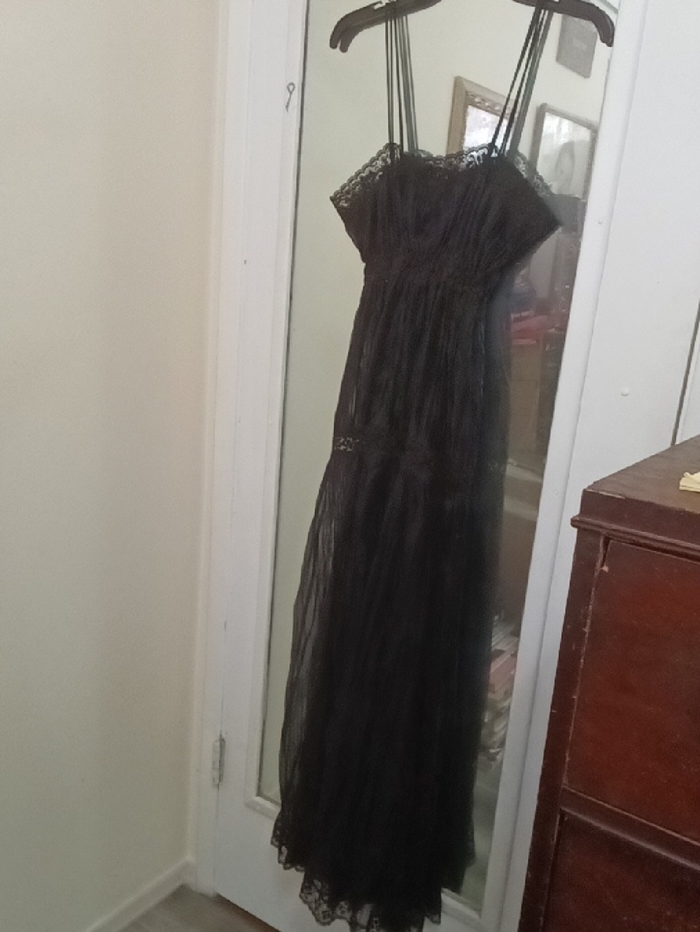 Women's Black Lace Maxi Night Dress with Spaghetti Straps